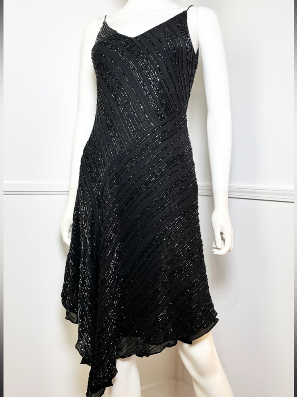 90’s Vintage Ann Taylor Black Asymmetrical Beaded Silk Slip Dress